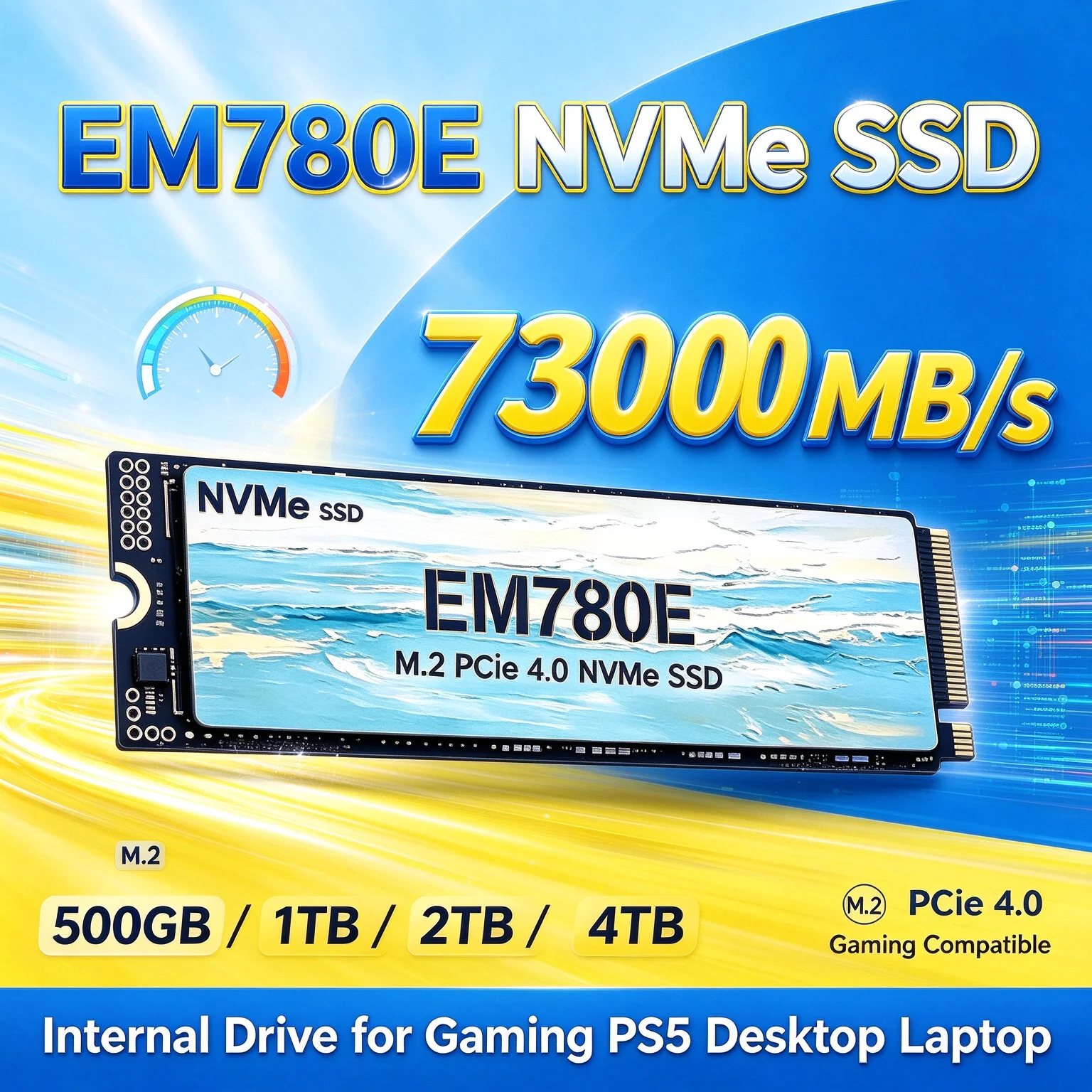 EM780E NVMe SSD 7300MB/s Internal Drive PCIe 4.0 M.2 Reliable Stable Built to Last for PS5 Desktop Laptop 4TB Maximum Storage