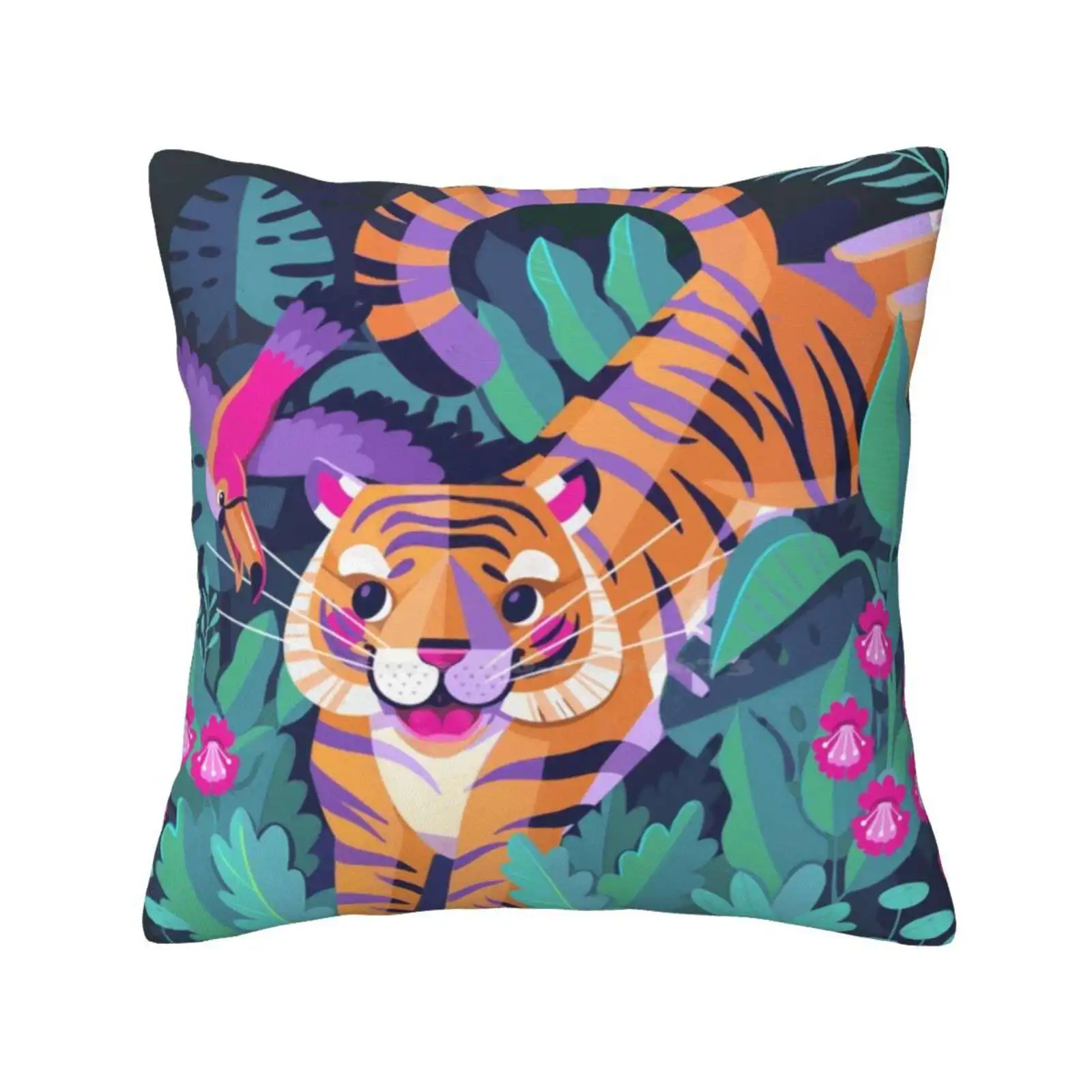 Jumping Tiger-Flying Toucan Home Sofa Car Cushion Cover Pillowcase Toucan Tiger Jungle Childrens Illustration 80S