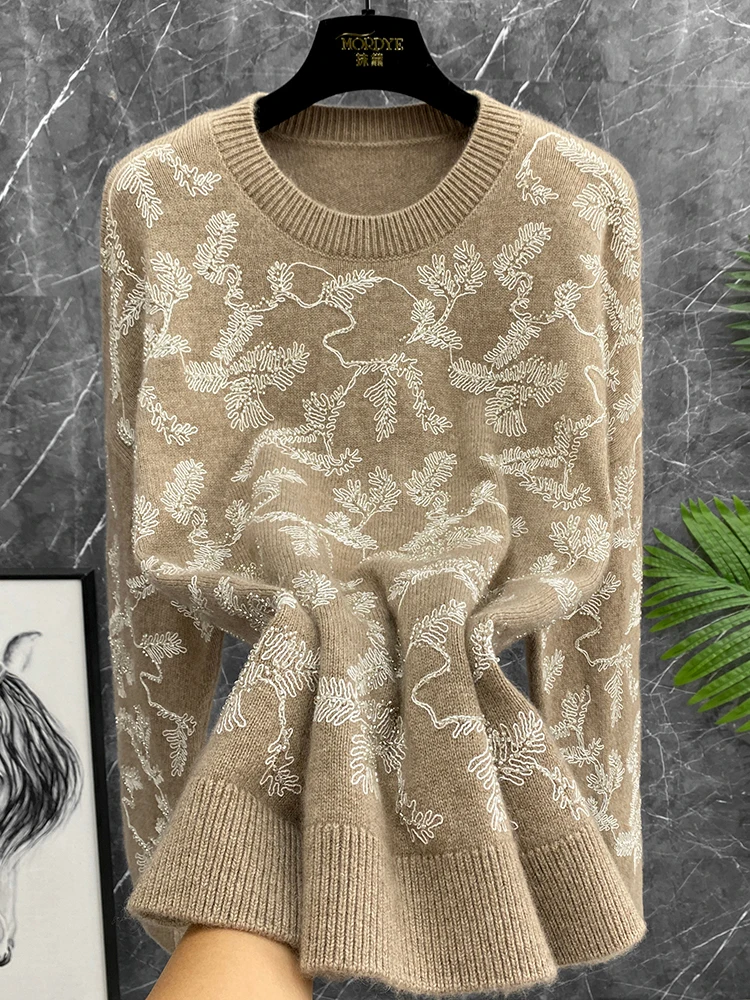 

Женский вязаный пуловер из чистого кашемира с вышивкой, с длинным рукавом и круглым вырезом, повседневный, комфортный, модный тренд