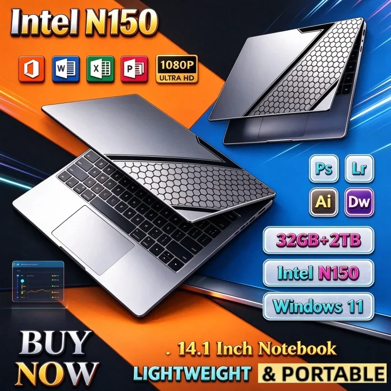 Intel N150 14.1" Secure Gaming Laptop Windows 11 32GB RAM 1/2TB M.2 SSD Laptops 4K HD Desktop Office School Study Notebook