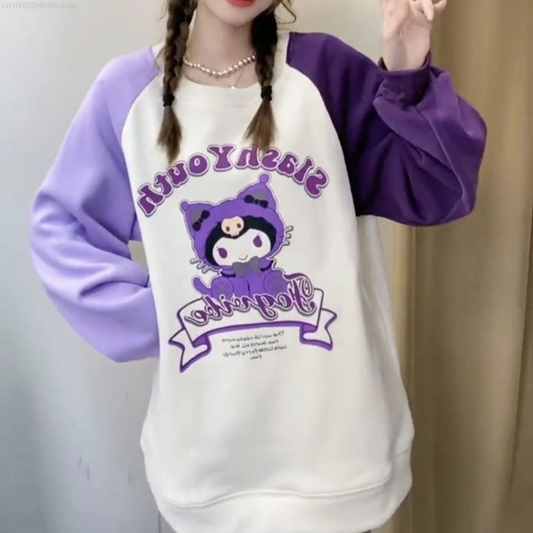 Sanrio Kuromi Fashion Round Neck Sweatshirts Women Cartoon Color Blocking Design Tops Y2k Japanese Style Cute Loose Pullovers