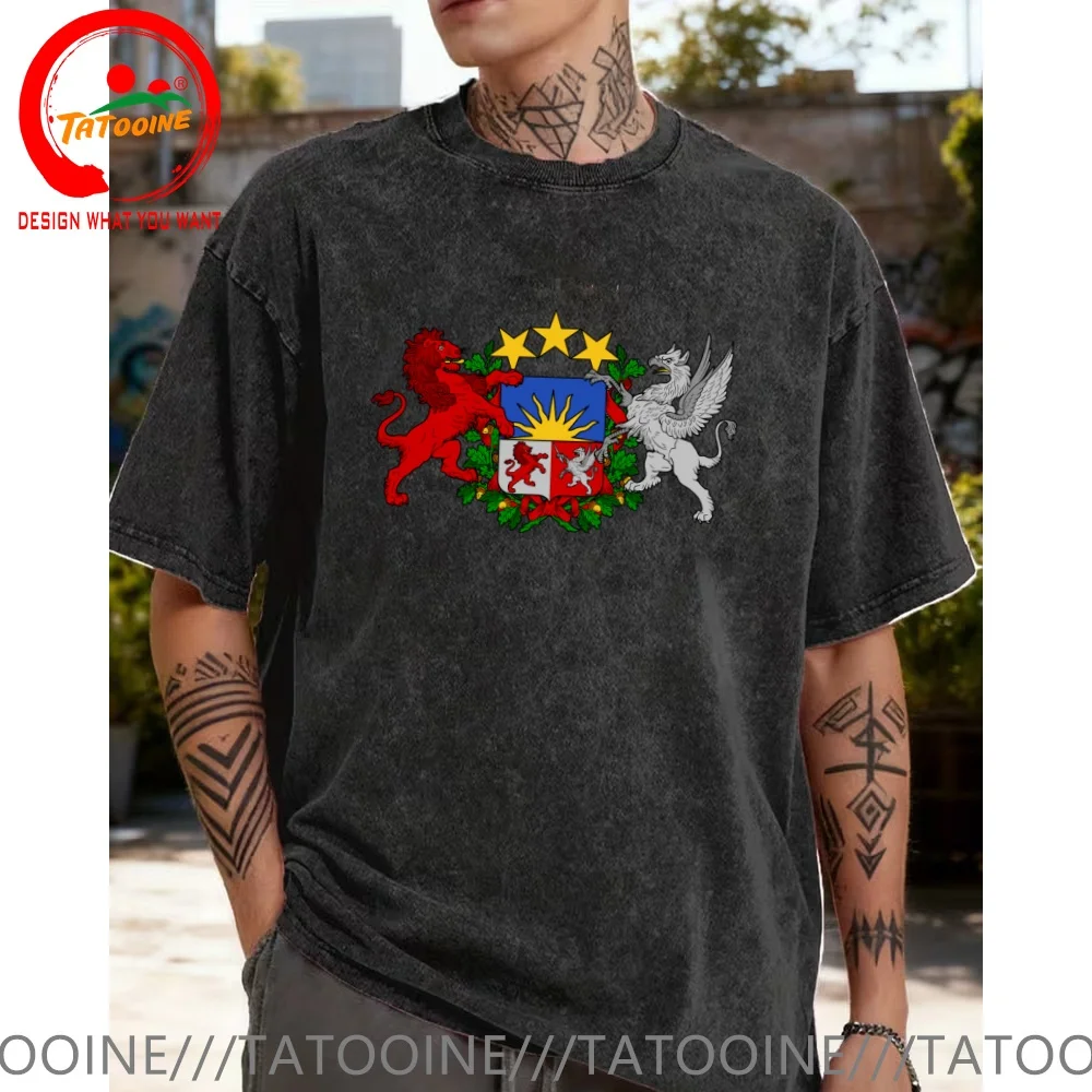 

Coat of arms of Latvia T Shirt Men Vintage Washed Cotton T-Shirt Fashion Trendy Tee Shirt Casual Clothes tshirt Streetwear