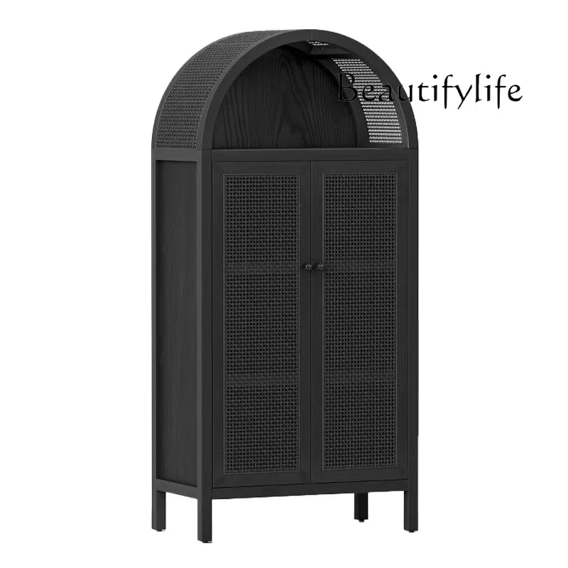 X36 Light Luxury Braided Rattan Arched Bookcase Modern Simple Storage Cabinet French Rural Retro Solid Wood Display Cabinet