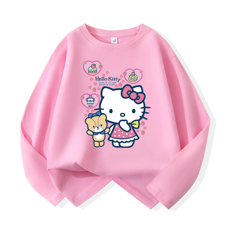 Sanrios Girl Long Sleeves T-Shirt Pure Cotton Child Western Hello Kittys Anime Student Kawaii Cartoon Cartoon Fashion Jacket