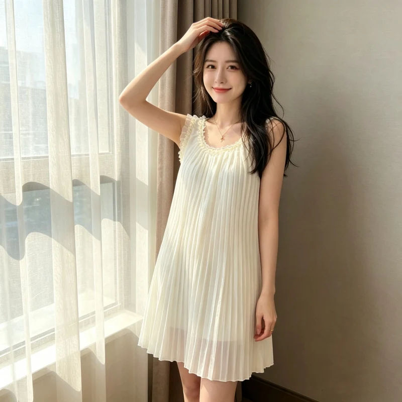 

2026 Summer Sleeveless Knitted Mesh Sexy Vest Nightgowns for Women Korean Cute Lace Sleepwear Night Dress Nightdress Home Nighty