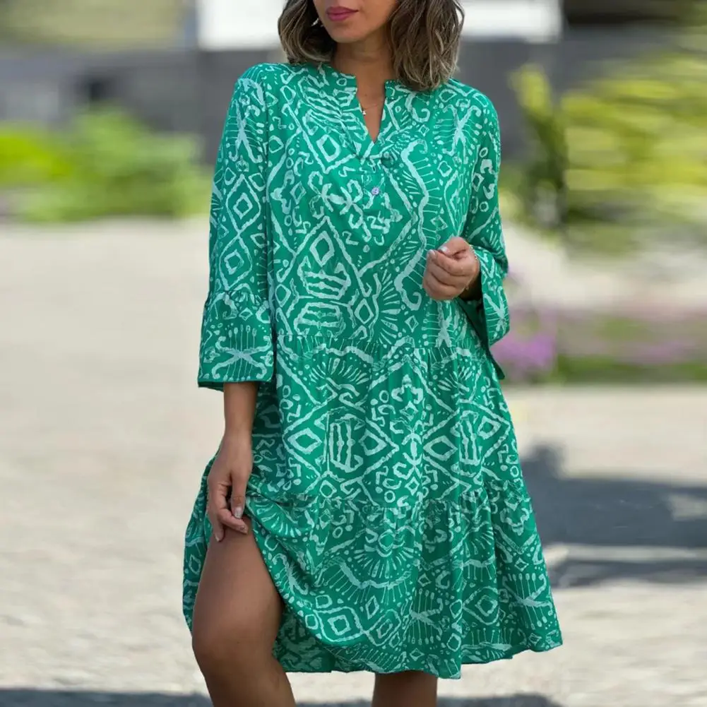 

Polyester Casual Dress Bohemian Geometric Print Midi Dress with Three Quarter Horn Sleeve A-line Patchwork for Women's Spring