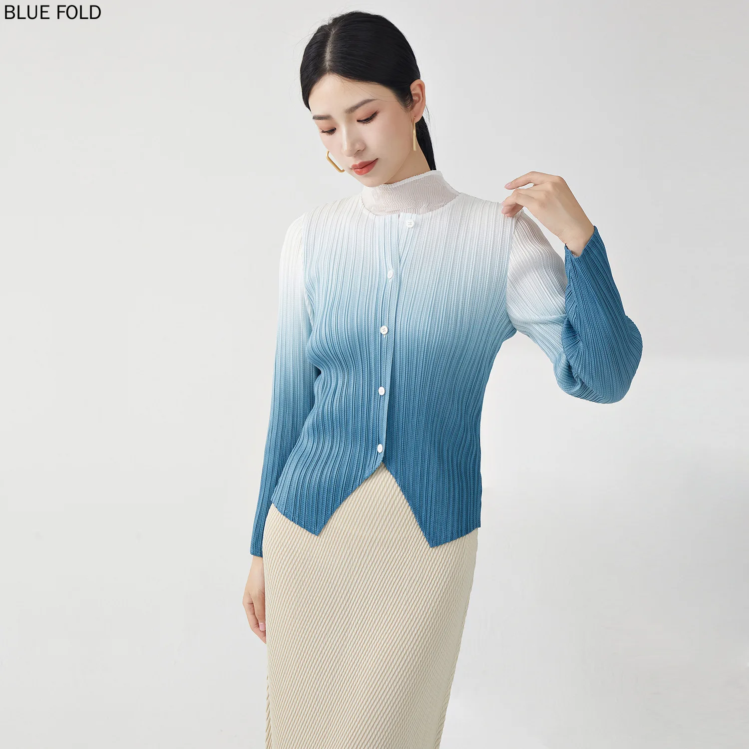 Gradient Color Jacket for Women All-match Autumn High-end Single-breasted Long-sleeved Irregular Temperament Miyake Cardigan Top