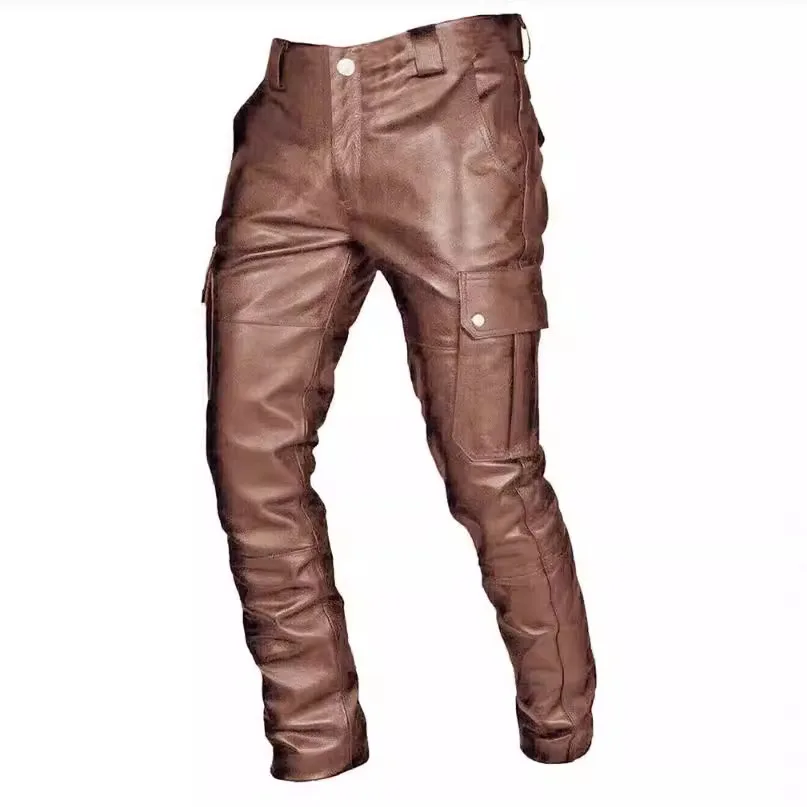 Men PU Pants Black Faux Leather Zipper Bandage Pocket Casual Trousers Large Size Mid Waist Straight Street Male Clothing