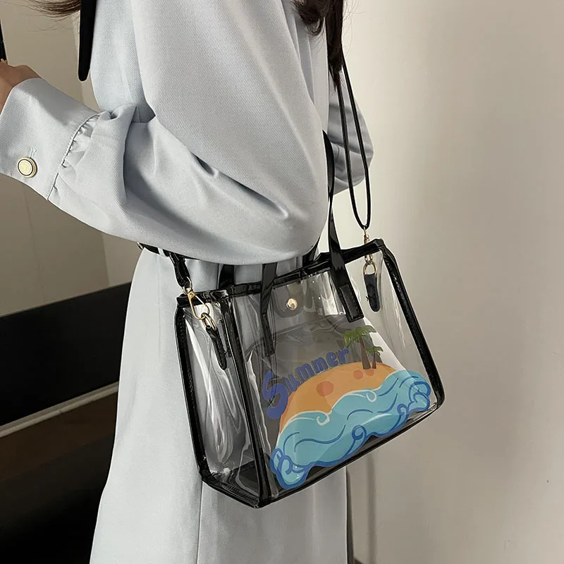 Waterproof PVC Transparent Crossbody Bag For Women Summer Handbag 2 Set Shoulder Bag Lady Large Capacity Tote Clear Beach Bag