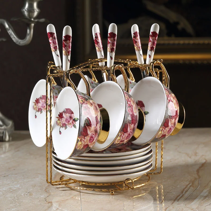 

Rose Print European-style Coffee Cup With Dish Spoon Vintage Cup Cafe Personality Fashion Home Breakfast Supplies Milk Cup