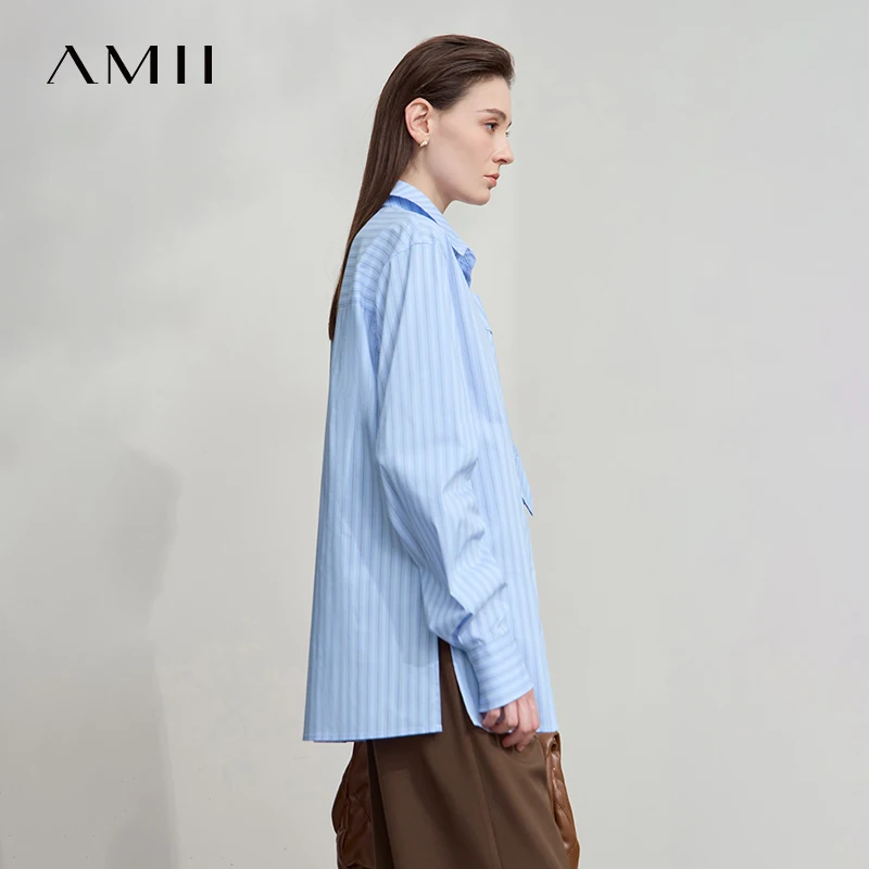 AMII 2025 Autumn Shirts Office Lady Long Sleeve Blue White Stripes Blouse Mid-length Loose Lapel Tops Women Clothing 12553021