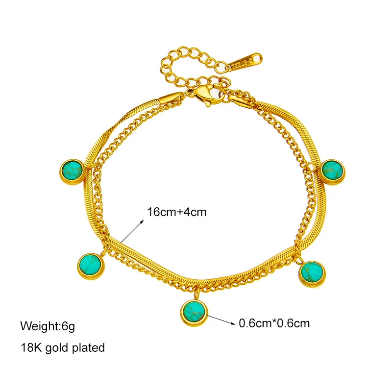 Delicate Blue Turquoise Stone Double Layer Gold Plated Chain Bracelets Stainless Boho Rustproof Wrist Jewelry Party Gift Bijoux
