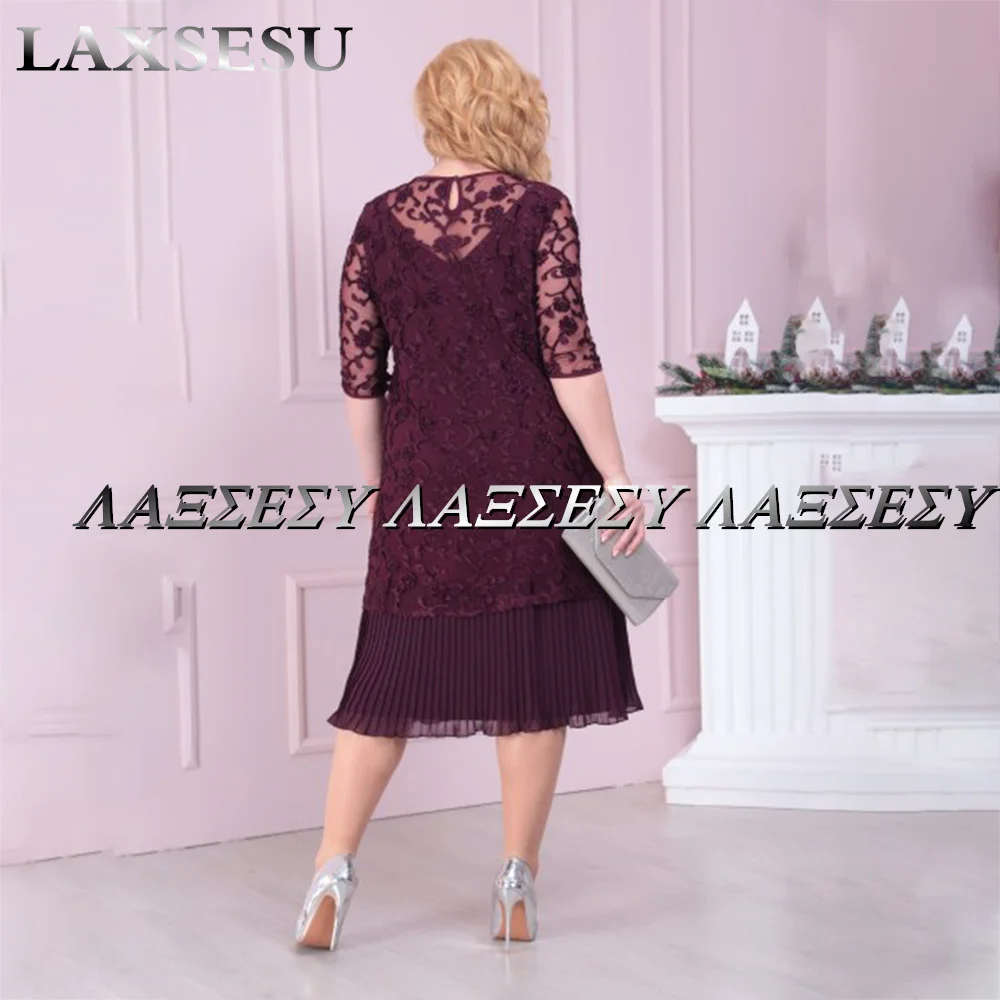 Laxsesu Lace Sheath Groom Mother Dresses Sheer Neck Half Sleeves Tea Length Mother Of The Bride Dresses 2022 Plus Size