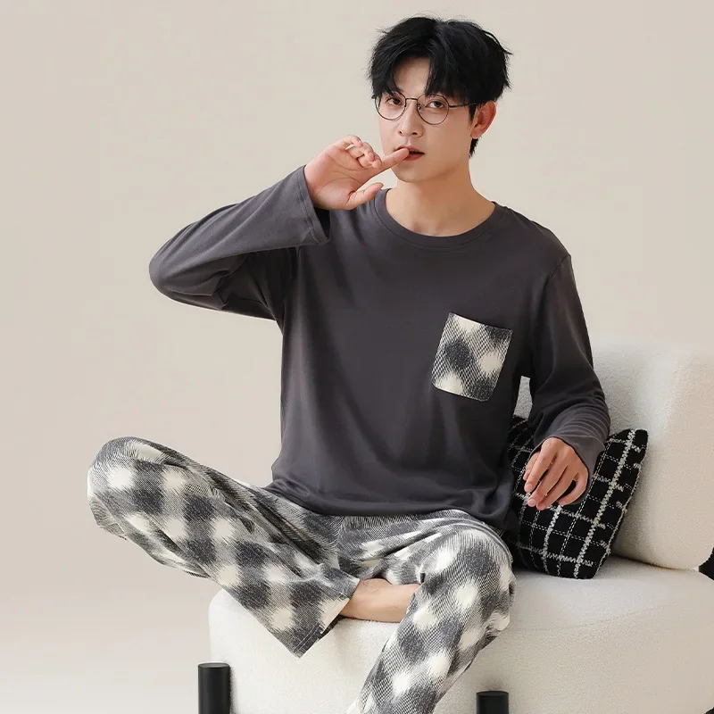 High Quality Pajamas Suit Men Pure Cotton Long-sleeved New Simple Design Sleepwear Male Korean Style 100%Cotton Loungewear Gents