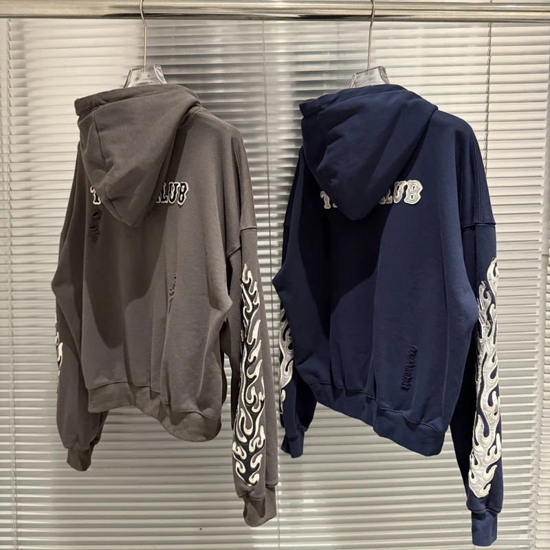 Metal Star Moon Logo Thug Club Embroidery Patch Label Zipper Hoodie Jacket Men Women Casual Wahsed Hole Damaged Loose Pullovers