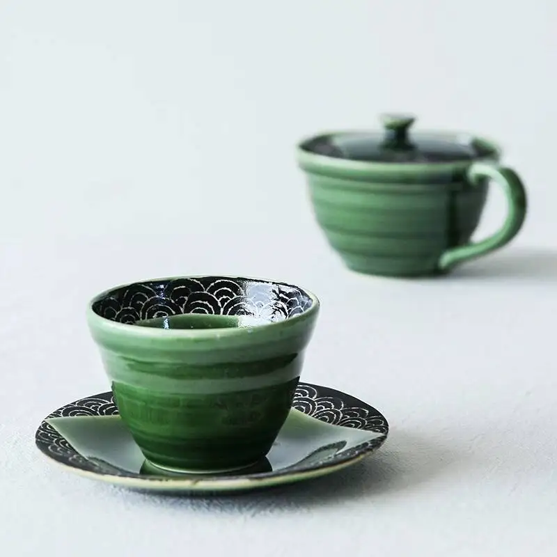 

In-Stock Japanese Imported Seto Ware Seigaiha Green Glaze Tea Coffee Saucer Ceramic Cup And Plate Set