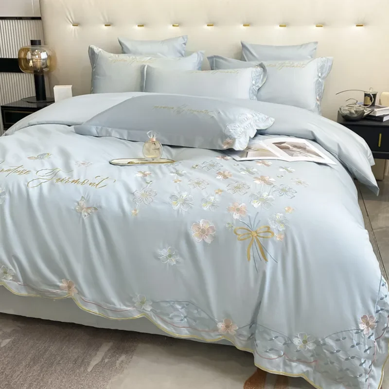 Light luxury ice silk four-piece set, summer silky smooth naked sleeping tencel bed sheet quilt cover, princess style embroidery