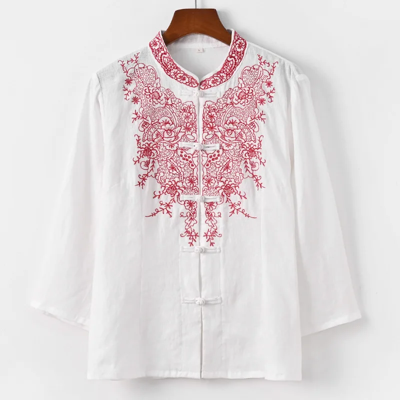 Blusa holgada con cuello redondo y bordado Floral para mujer, camisas informales de lino y algodón con una botonadura, novedad de Primavera de 2024 Y21