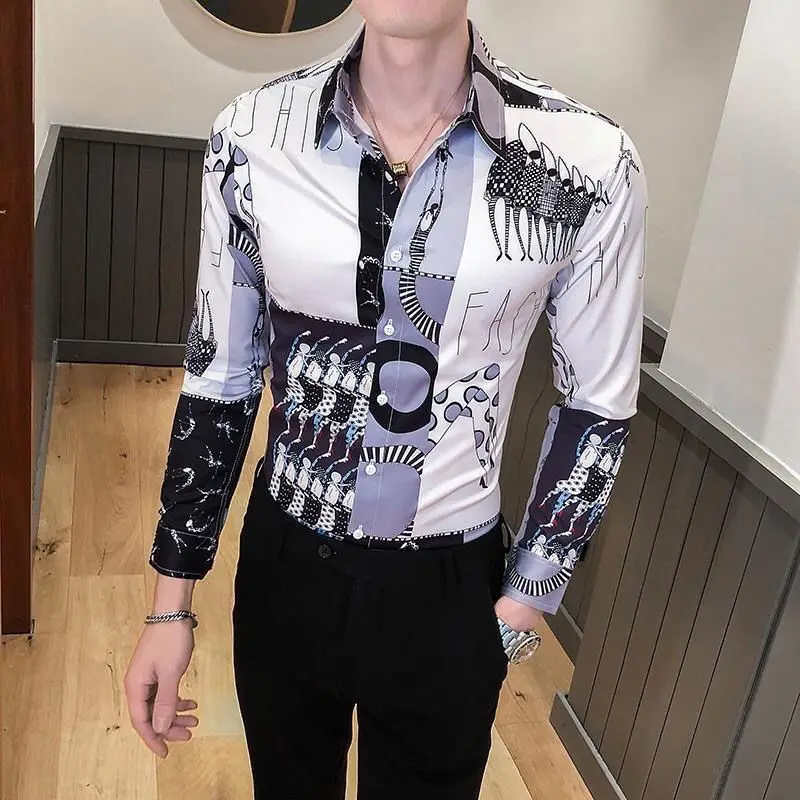 Fashion autumn fashion printing Korean long sleeve men's shirt handsome nightclub personality tight British casual shirt