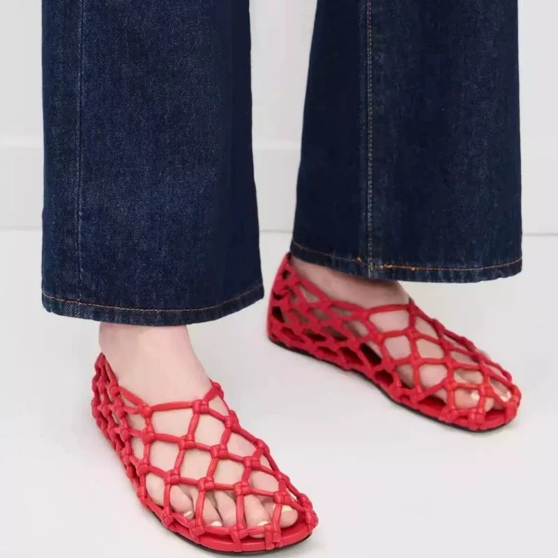 Weben Mesh Ballett Flache Frauen Atmungsaktive Bequeme Hohl Strand Schuhe Frauen Nicht-slip Casual Sommer 2025, Marke Designer sandalen Damen