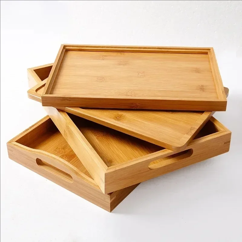 Wide Bamboo Organizer Tray Storage Bin with Handles for Cutlery Serving Spoons Cooking Utensils Teapot Teacup