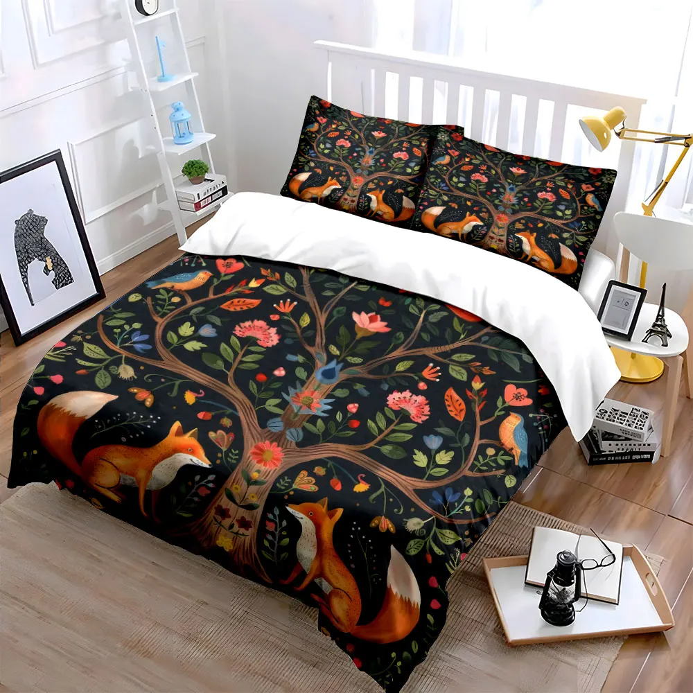 

"Fox Tree Nature Decor Set" Bedding Set with 1 Duvet Cover 2 Pillowcases Single Double King Queen, Gift