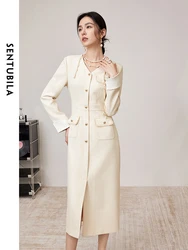 SENTUBILA High-end Tweed Dress Women 2024 Autumn V-neck Long Sleeve Apricot Split Woman Elegant Luxury Midi Dresses 141L53209