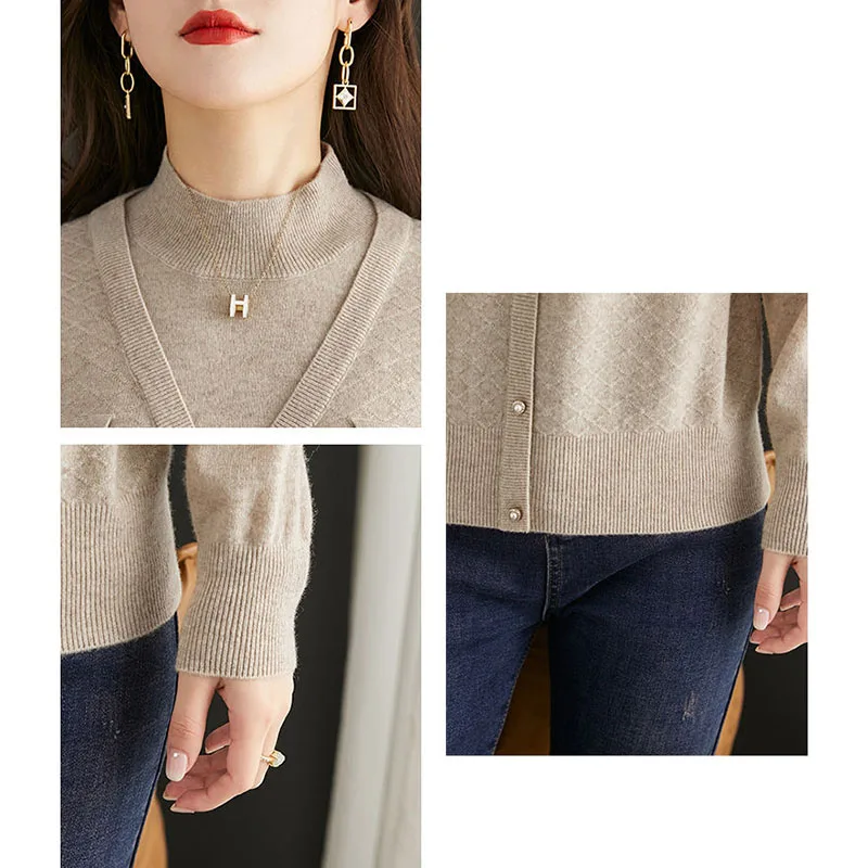 Autumn Winter Vintage Solid Knitted Sweaters Mock Neck Long Sleeve Splicing Pullovers Women Clothing Fashion Casual Coffee Tops