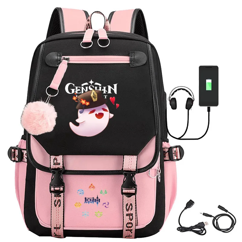 Jogo genshin impacto mochila meninos meninas anime dos desenhos animados oxford cintos à prova dusb água bola interface usb mochila feminina