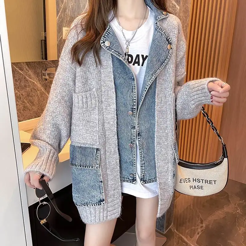 Chic Women Knitted Spliced Denim Jacket Sweater Coat Turn Down Collar Sweater Jean Coat Knit Cardigan Fall Winter Knitwear Tops