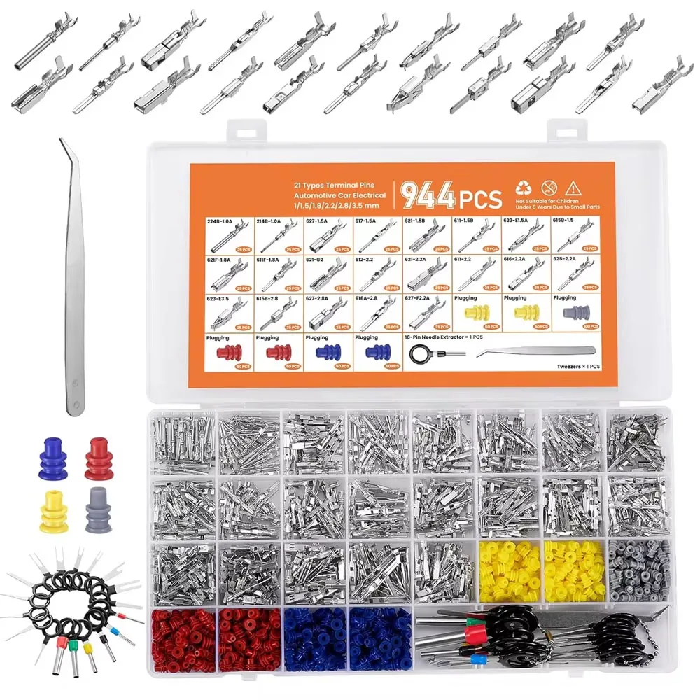 944Pcs Pin Connector Kit,21Type Non-Insulated Plug,Removal Male Female Crimp Pins,Car Electrical Wire Connectors Terminal Pins