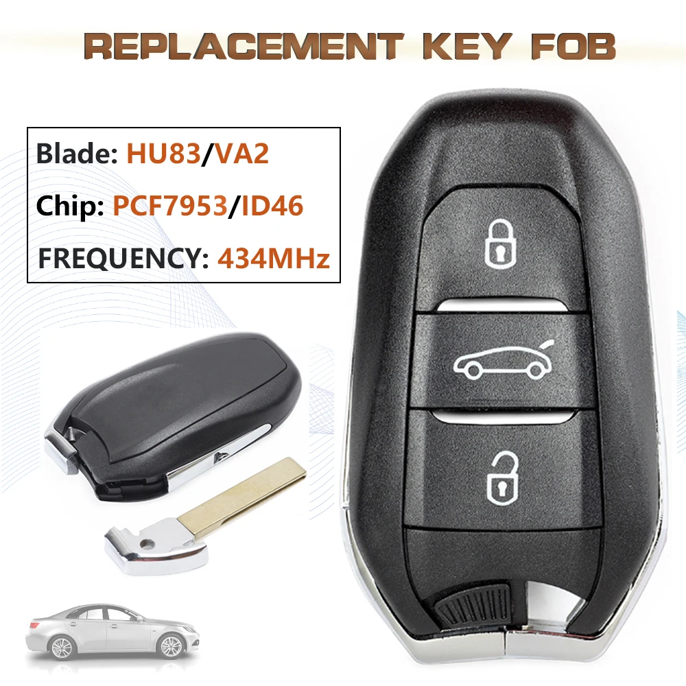 

KEYECU, 434 МГц, 4A чип, 3 кнопки, лампочка HU83/VA2 для Peugeot 2017-2018 301 308, Citroen C-четыре