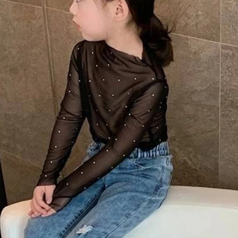 1pcs Children Mesh Tops Long Sleeve Tee Kids Sheer Glitter Fashion TShirts Girl Baby Base Tees Summer Child Daily Casual T-shirt