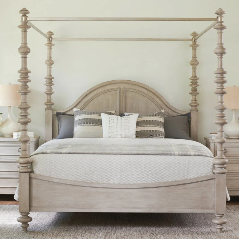 

Custom: American rustic modern vintage master bedroom French old solid wood double bed villa Roman column bed furniture