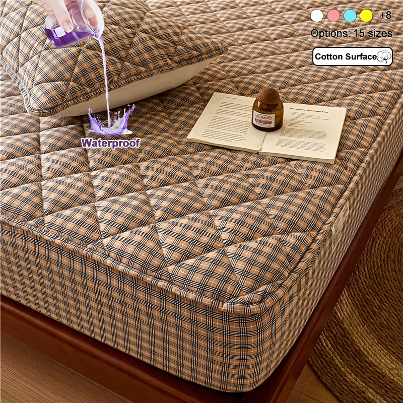 Waterproof Quilted Fitted Mattress Protector, Cotton Top Layer Plaid Mattress Cover, Non‑Slip Bed Pad, Liquid & Stain Resistant
