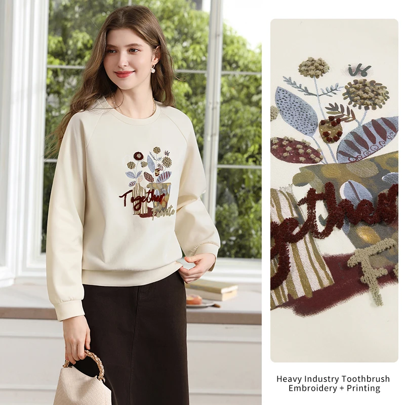 I BELIEVE YOU Women's Apricot Floral Print Letter Embroidery Pullovers 2026 Autumn O-Neck Loose Non‑Hooded Sweatshirt 2264196450