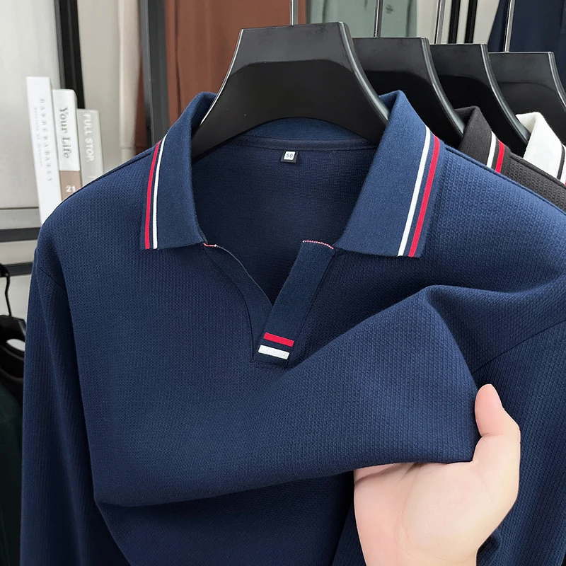 Light luxury men long sleeve polo shirt new fashion high-quality spring autumn comfort casual personality striped V-neck T-shirt