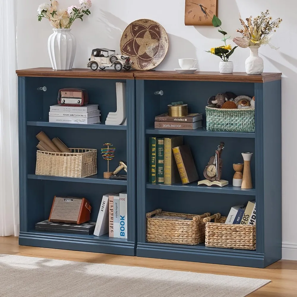 43 رف كتب أزرق طويل، رف كتب خشبي سميك من 3 طبقات مع أرفف قابلة للتعديل، خزانة كتب للمزرعة قائمة بذاتها مع شاشة مفتوحة