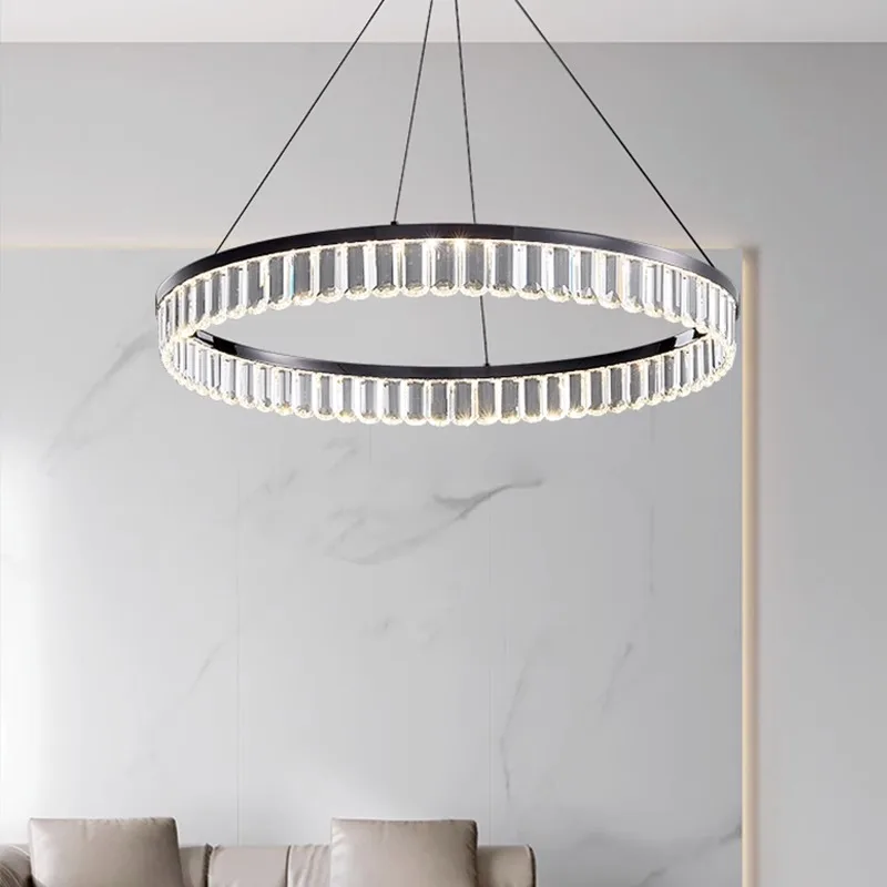 Italian minimalist crystal chandelier living room, light luxury atmosphere, black modern and simple designer dining room