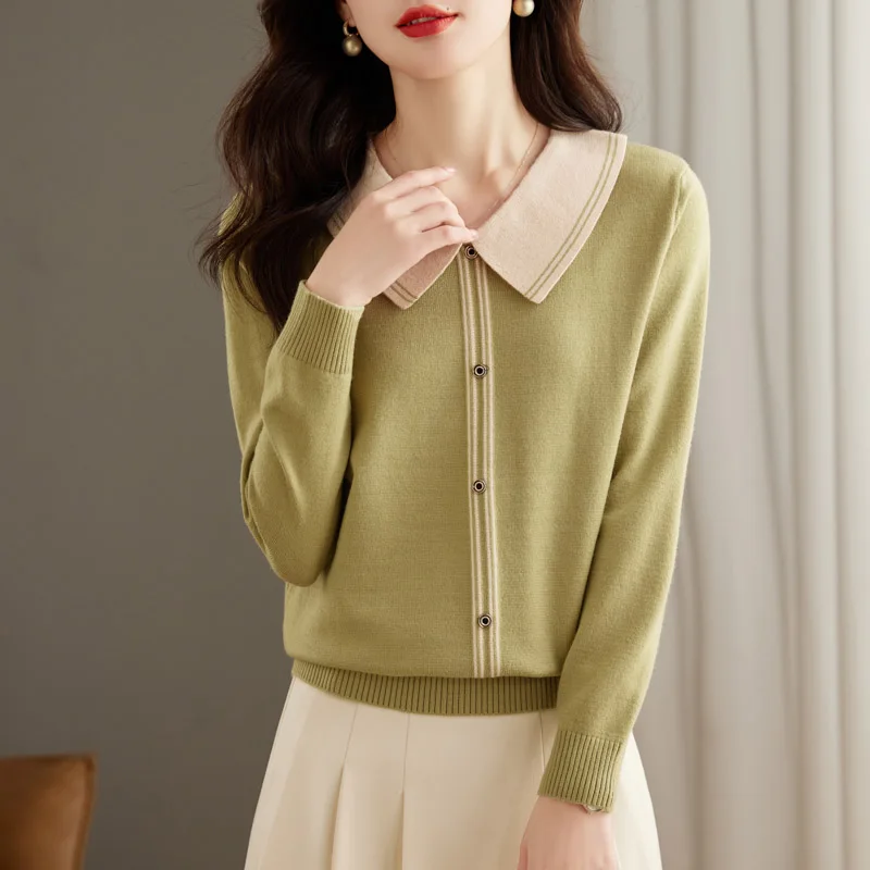 Women Clothing Simple Solid Sweet Knitted Tops Spring Daily Casual Fashion All-match Pullovers Turn-down Collar Sweaters