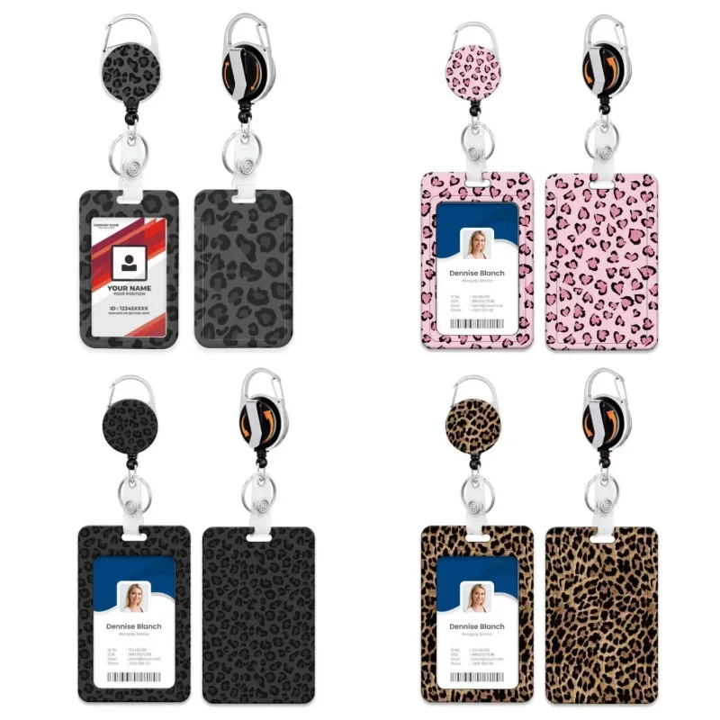 

Держатель удостоверения личности с леопардовым принтом и ремешком, выдвижной ремень для бейджа, брелок для ключей, зажим для ремешков, вертикальный чехол для удостоверения личности, чехол