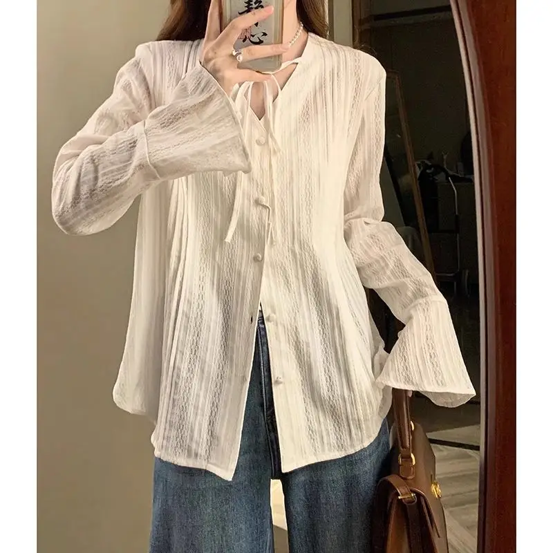 

Ele Vintage Hong Kong Sle irt, женская весенне-осенняя новая нежная универсальная верхняя одежда Sweet Sli, топ с колокольчиком...