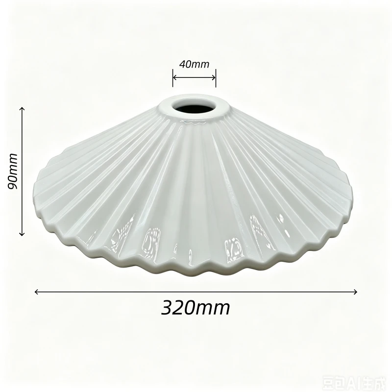 French Vintage Pleated Ceramic Lampshade, Glossy White, 32cm Dia, Soft Light