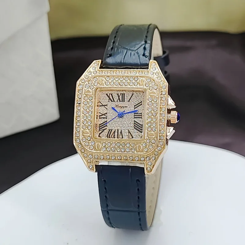 

High End Ladies' Watch with Full Diamond Dial Leather Strap Quartz Watches for Women Square Student Gift Wristwatch Wholesale