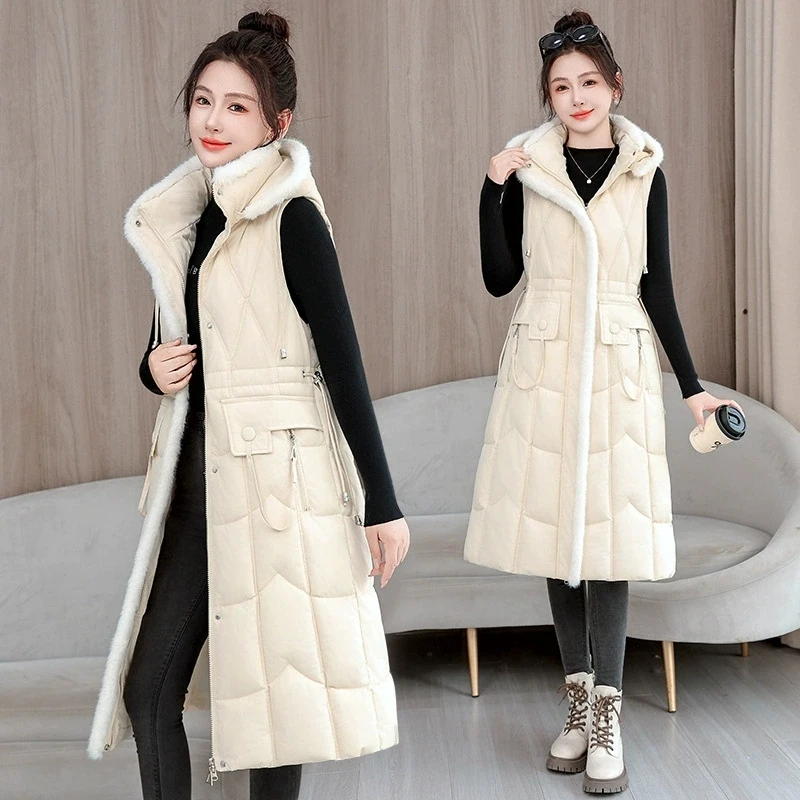 Women Mid Long Puffer Vest Autumn Winter New Warm Cotton Jacket Slim Outerwear Fashion Hooded Sleeveless Jacket Female Waistcoat