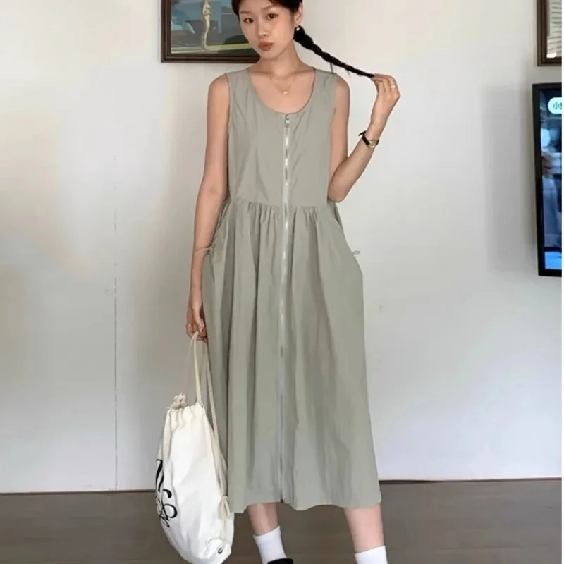 

Платья женские свободные летние винтажные повседневные на молнии в стиле карго уличная одежда однотонные без рукавов дизайнерские платья модные Ins