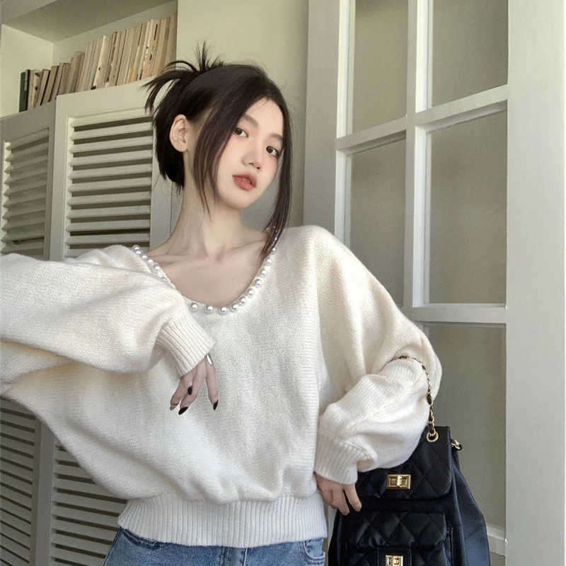 Pullover Knitted Top for Women V-neck White Ladies Sweaters Aesthetic Y2k Fashion Korea Designer 90s Vintage Tall Tops Jersey