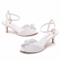 Maogu 6cm bocca di pesce sandali con tacco alto fibbia matrimonio sposa scarpe firmate di lusso tacchi sandalo di perle scarpe da donna di grandi dimensioni 43