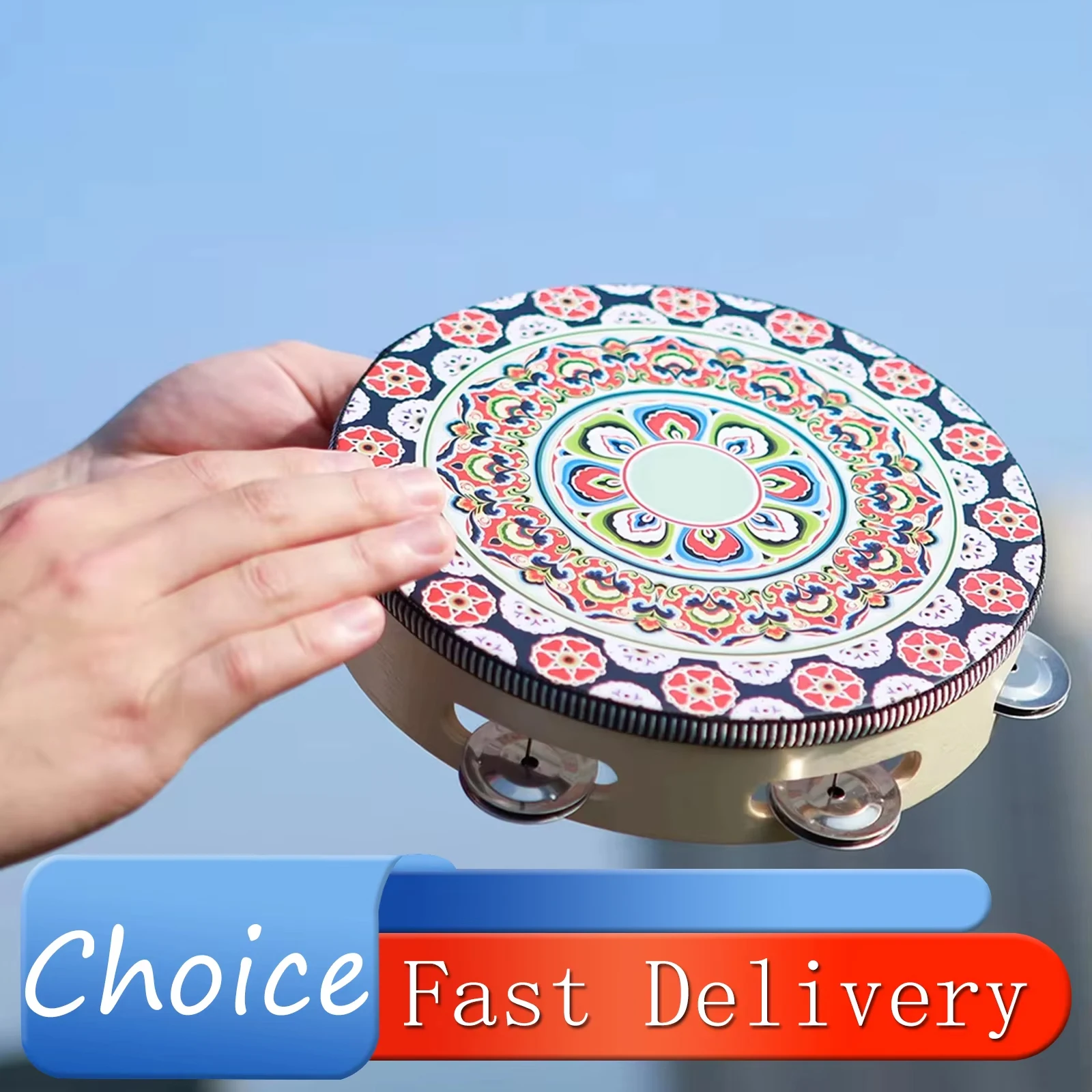 IRIN 8 Inch Tambourine Hand Drum Dunhuang Style Stainless Steel Bells Drums Percussion Musical Instruments Orff Red Flower Drums