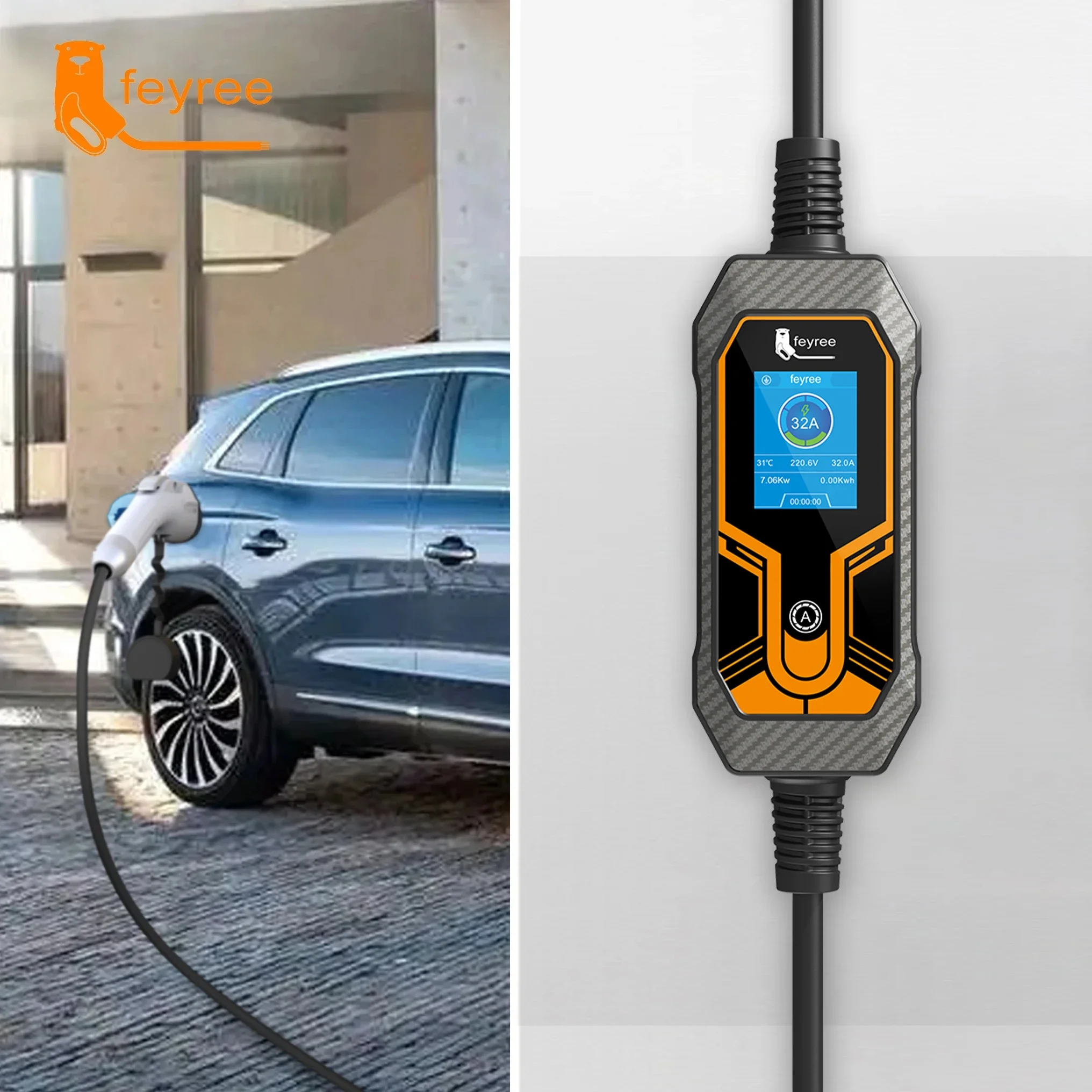feyree GB/T Cord 7KW 32A 1Phase EV Charger 5m Charging Cable Portable Charging Box Current Adjustable for Electric Vehicle Car